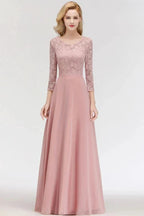 A-line Floor Length Lace Chiffon Bridesmaid Dresses with Sleeves