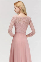 A-line Floor Length Lace Chiffon Bridesmaid Dresses with Sleeves