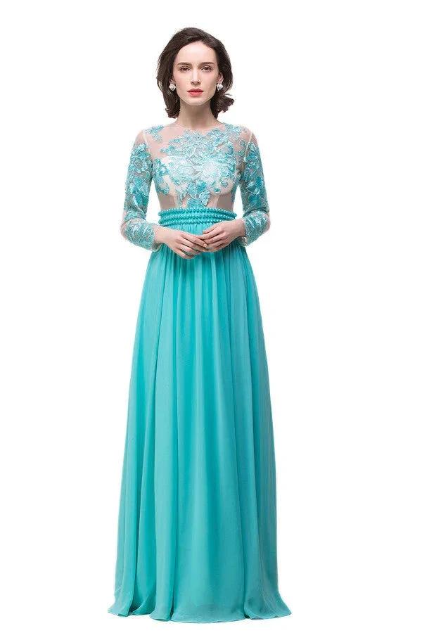 A-line Floor-length Long-Sleeve Crew Sash Formal Dresses