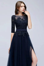 A-line Half Sleeves Floor Length Slit Appliqued Tulle Prom Dresses with Sash
