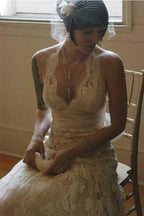A-line Halter Neck Backless Bow Lace Wedding Dress with Court Train WD405