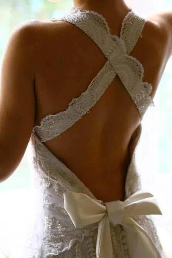 A-line Halter Neck Backless Bow Lace Wedding Dress with Court Train WD405