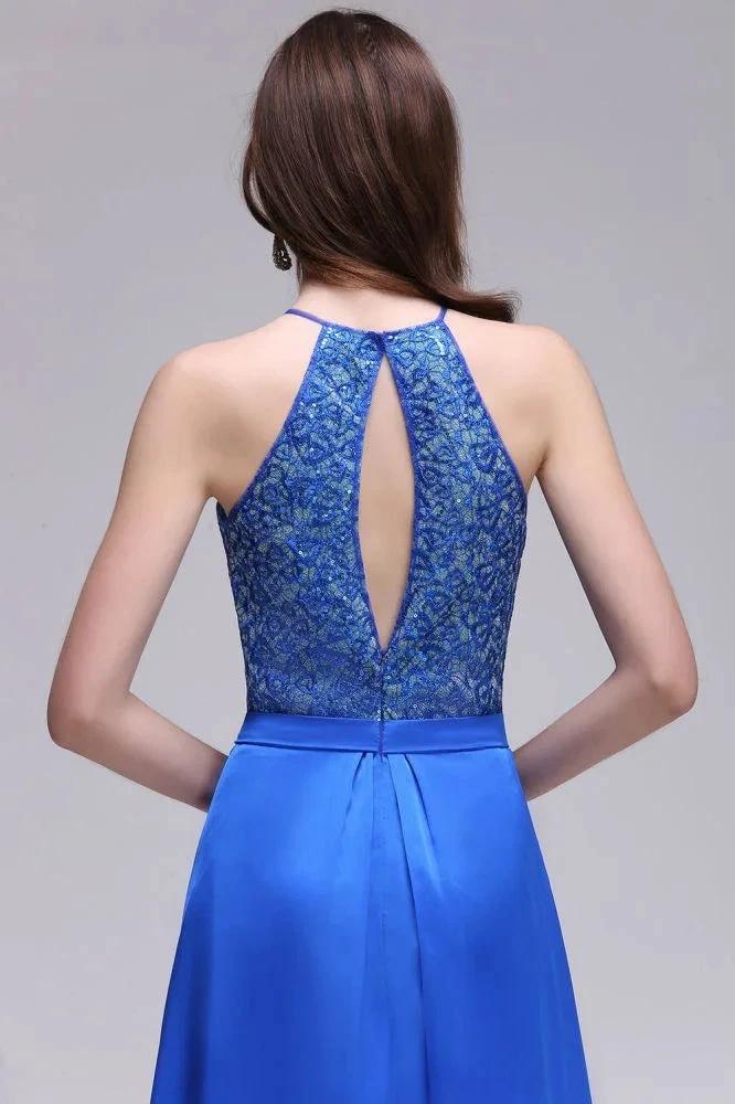 A-line Halter Neck Chiffon Royal Blue Prom Dresses with Sequins