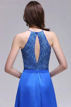 A-line Halter Neck Chiffon Royal Blue Prom Dresses with Sequins