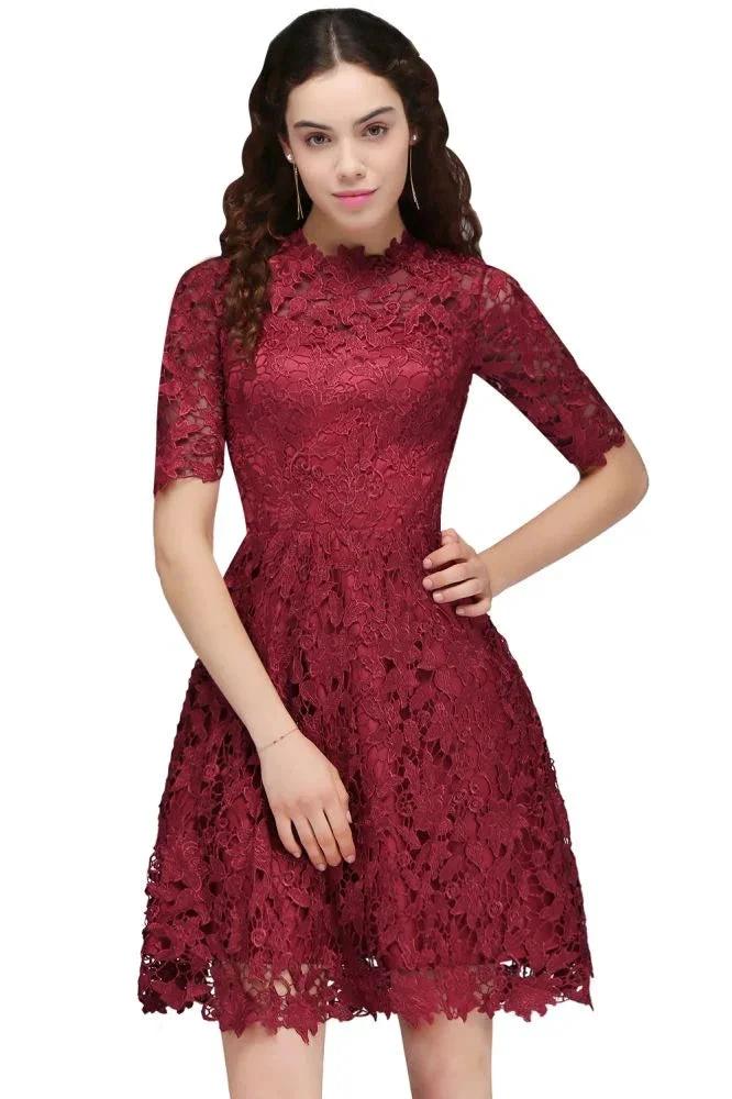 A-Line Halter Short Lace Burgundy Homecoming Dresses