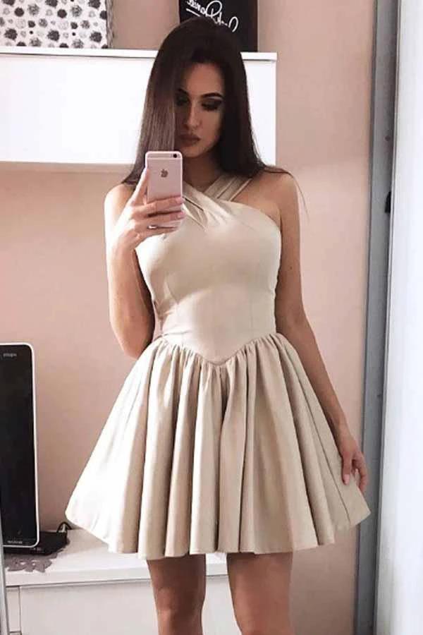 A-Line Halter Sleeveless Satin Short Prom Dress Homecoming Dresses PD051