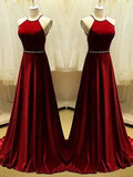 A-Line Halter Sleeveless With Beading Satin Prom Dresses