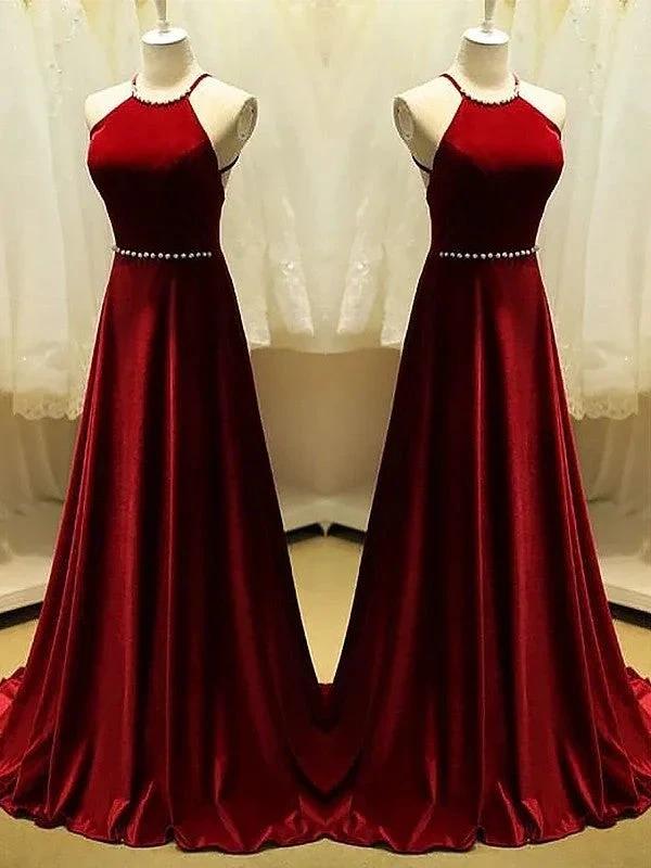 A-Line Halter Sleeveless With Beading Satin Prom Dresses