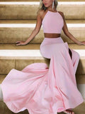 A-Line Halter Sleeveless With Ruffles Satin Two Piece Prom Dresses