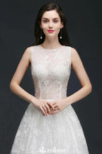 A-line Jewel Court Train Lace Simple Wedding Dresses with Buttons