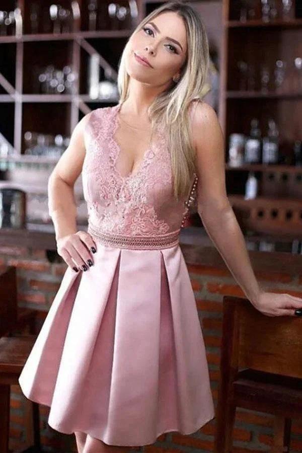 A-Line Jewel Pink Short Satin Homecoming Dress with Beading Appliques PG155