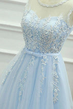 A-Line Jewel Short Blue Tulle Homecoming Dress with Sash Appliques PG121