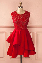A-Line Jewel Short Red Satin Homecoming Dress with Lace Ruffles PG117