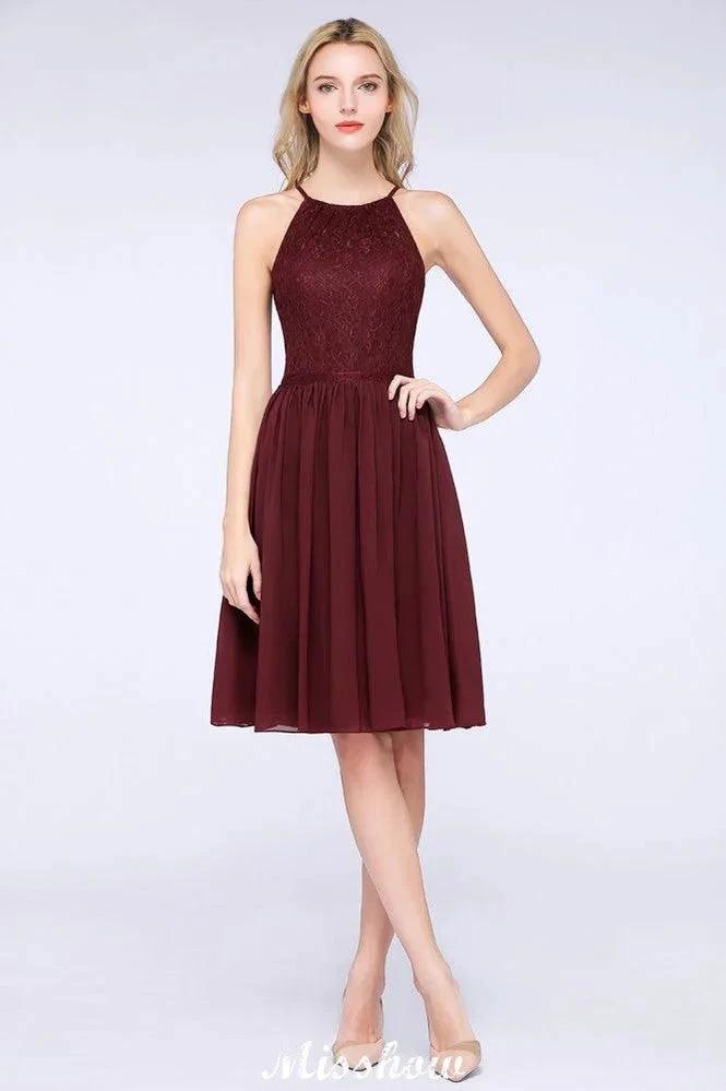 A-line Jewel Sleeveless Knee-Length Bridesmaid Dresses with Ruffle Chiffon Lace Party Dress