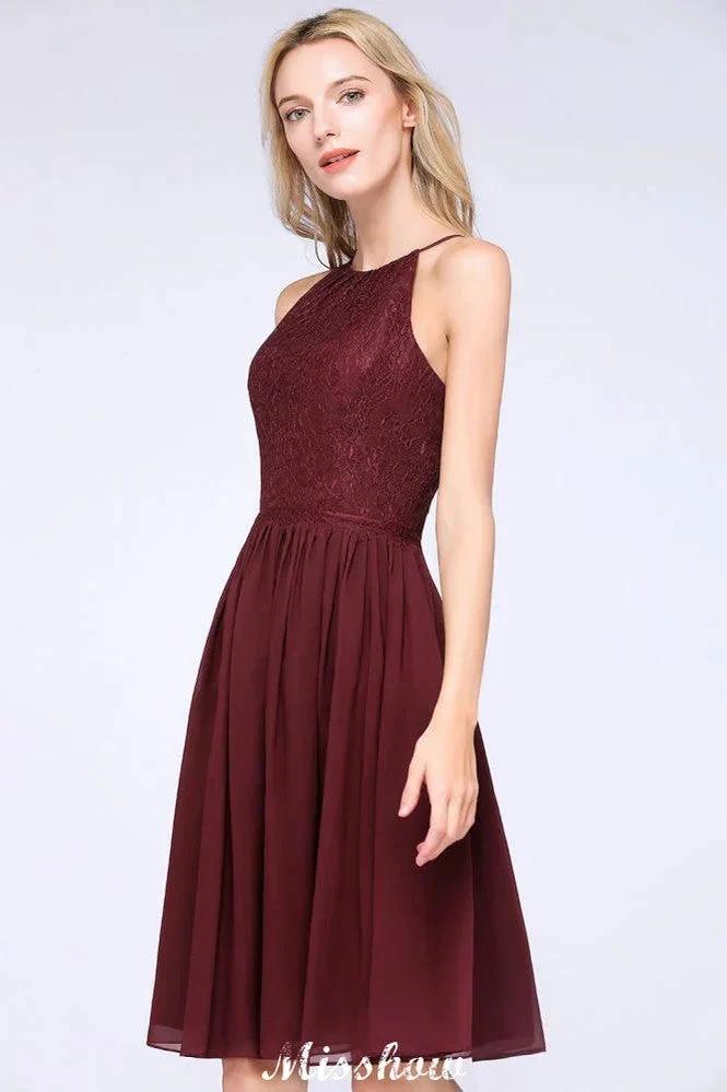 A-line Jewel Sleeveless Knee-Length Bridesmaid Dresses with Ruffle Chiffon Lace Party Dress