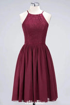 A-line Jewel Sleeveless Knee-Length Bridesmaid Dresses with Ruffle Chiffon Lace Party Dress