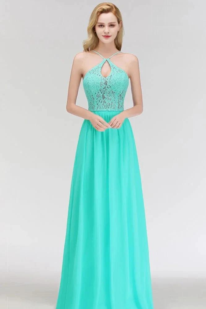 A-line Keyhole Neckline Lace Top Long Spaghetti Bridesmaid Dress