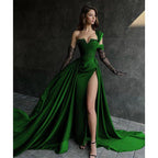 A Line Lace Appliques High Split Black Long Prom Formal Dress