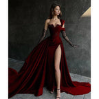 A Line Lace Appliques High Split Black Long Prom Formal Dress