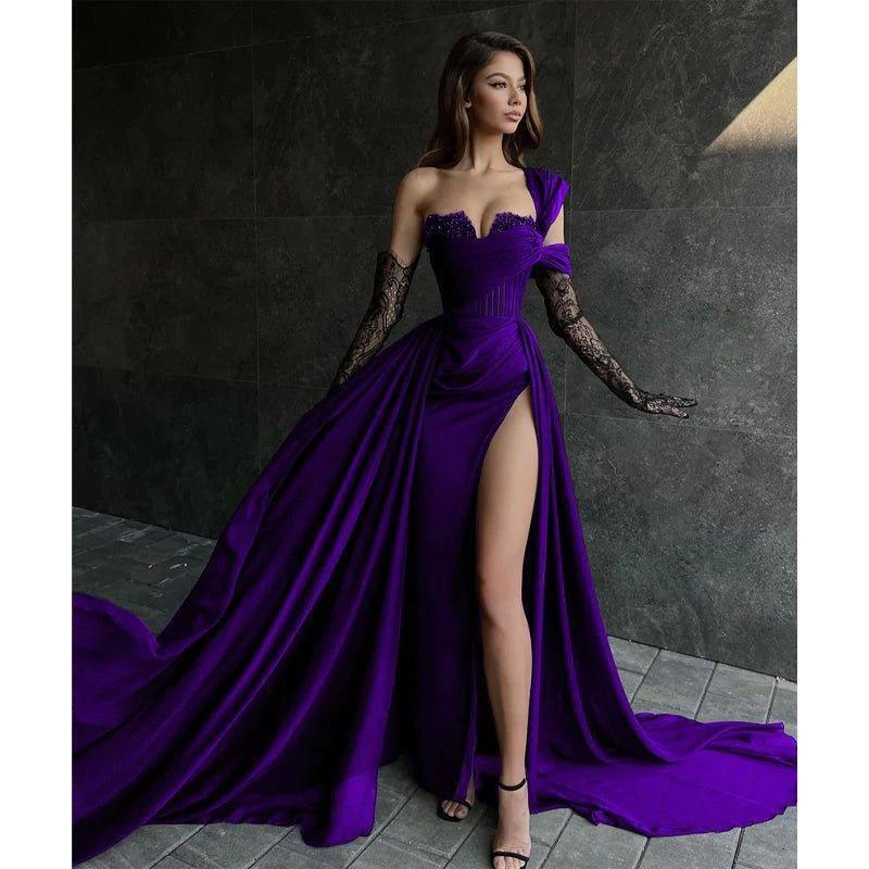 A Line Lace Appliques High Split Black Long Prom Formal Dress