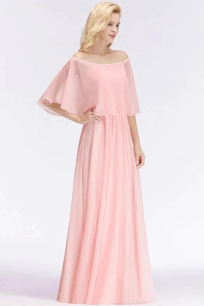 A-line Long Off-the-shoulder Pink Bridesmaid Dresses with Sleeves