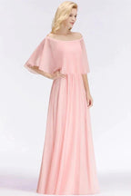 A-line Long Off-the-shoulder Pink Bridesmaid Dresses with Sleeves