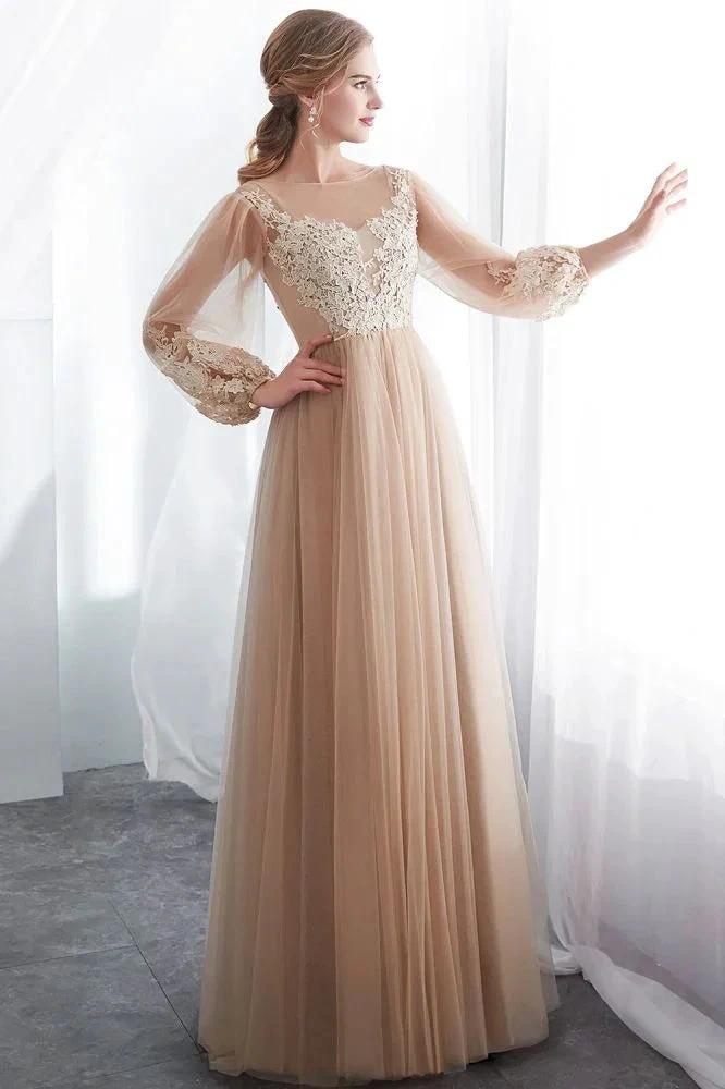 A-line Long Sleeves Appliques Tulle Champagne Evening Dress