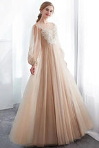 A-line Long Sleeves Appliques Tulle Champagne Evening Dress