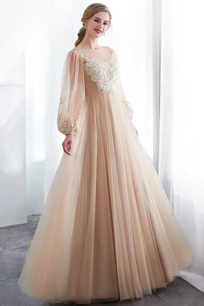 A-line Long Sleeves Appliques Tulle Champagne Evening Dress