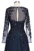 A-line Long Sleeves Plus Size Floor Length Crystals Tulle Prom Dresses
