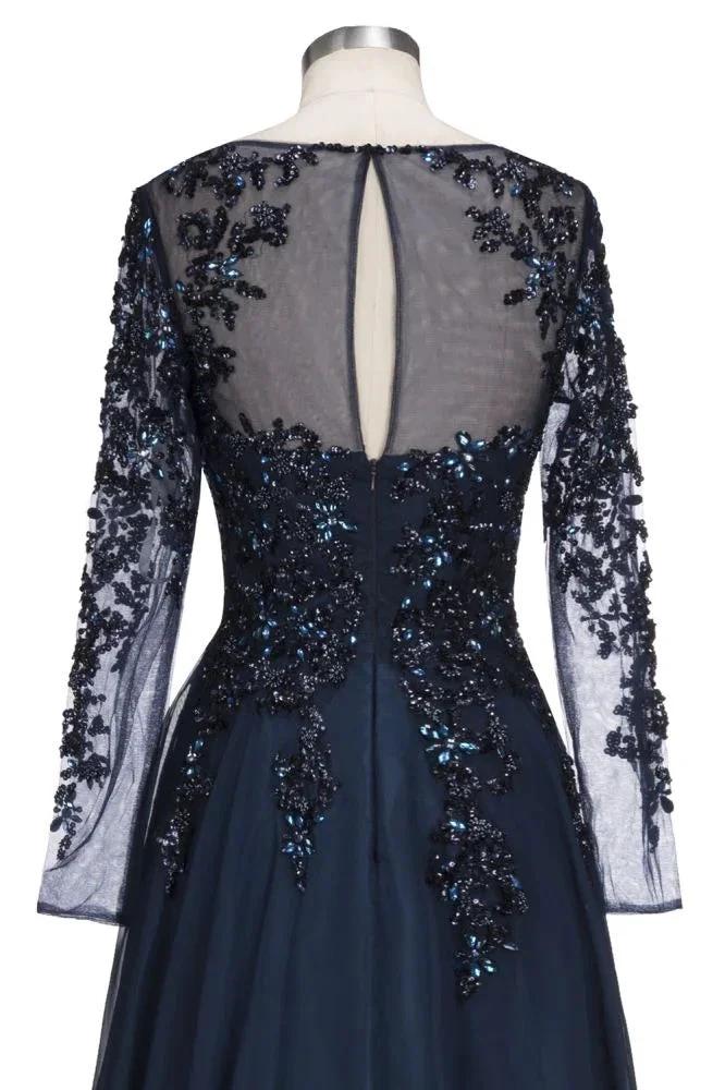 A-line Long Sleeves Plus Size Floor Length Crystals Tulle Prom Dresses