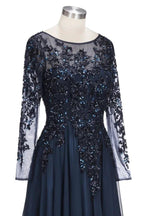 A-line Long Sleeves Plus Size Floor Length Crystals Tulle Prom Dresses