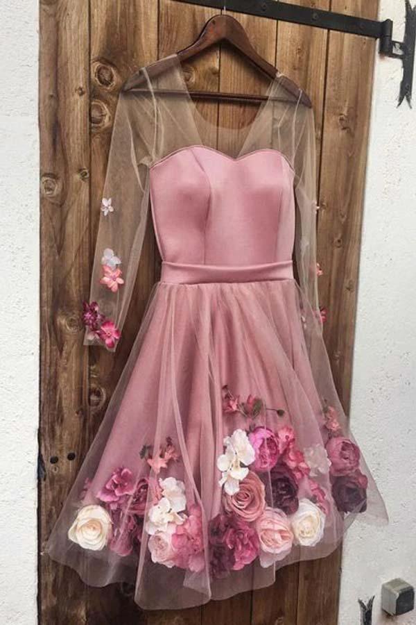 A Line Long Sleeves Short White Floral Prom Dresses Homecoming Dresses PD346