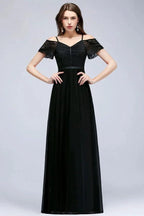 A-line Long Spaghetti V-neck Black Lace Chiffon Bridesmaid Dress