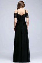 A-line Long Spaghetti V-neck Black Lace Chiffon Bridesmaid Dress