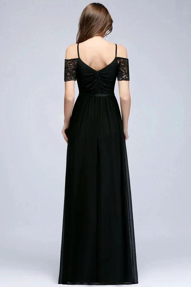 A-line Long Spaghetti V-neck Black Lace Chiffon Bridesmaid Dress