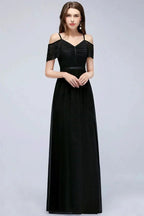 A-line Long Spaghetti V-neck Black Lace Chiffon Bridesmaid Dress