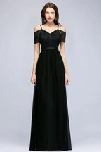 A-line Long Spaghetti V-neck Black Lace Chiffon Bridesmaid Dress