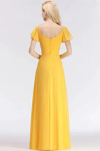 A-line Long V-neck Short Sleeves Yellow Chiffon Bridesmaid Dresses