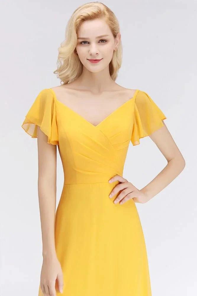 A-line Long V-neck Short Sleeves Yellow Chiffon Bridesmaid Dresses