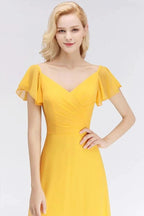 A-line Long V-neck Short Sleeves Yellow Chiffon Bridesmaid Dresses