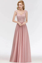 A-line Long V-neck Sleeveless Formal Party Dress Lace Top Chiffon Bridesmaid Dress