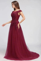 A-line Off-shoulder Floor-length Tulle Appliques Prom Dresses
