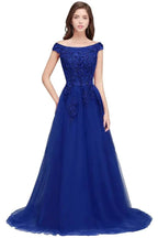 A-line Off-shoulder Floor-length Tulle Appliques Prom Dresses