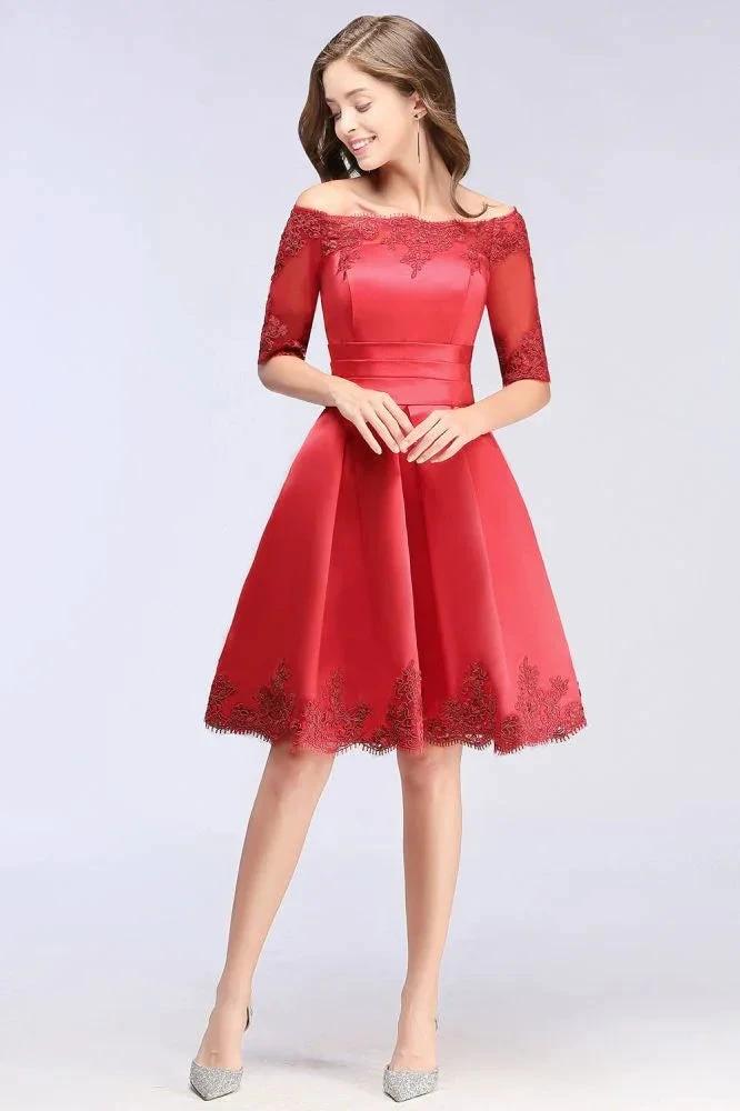 A-line Off-shoulder Half Sleeves Short Lace Appliques Prom Dresses