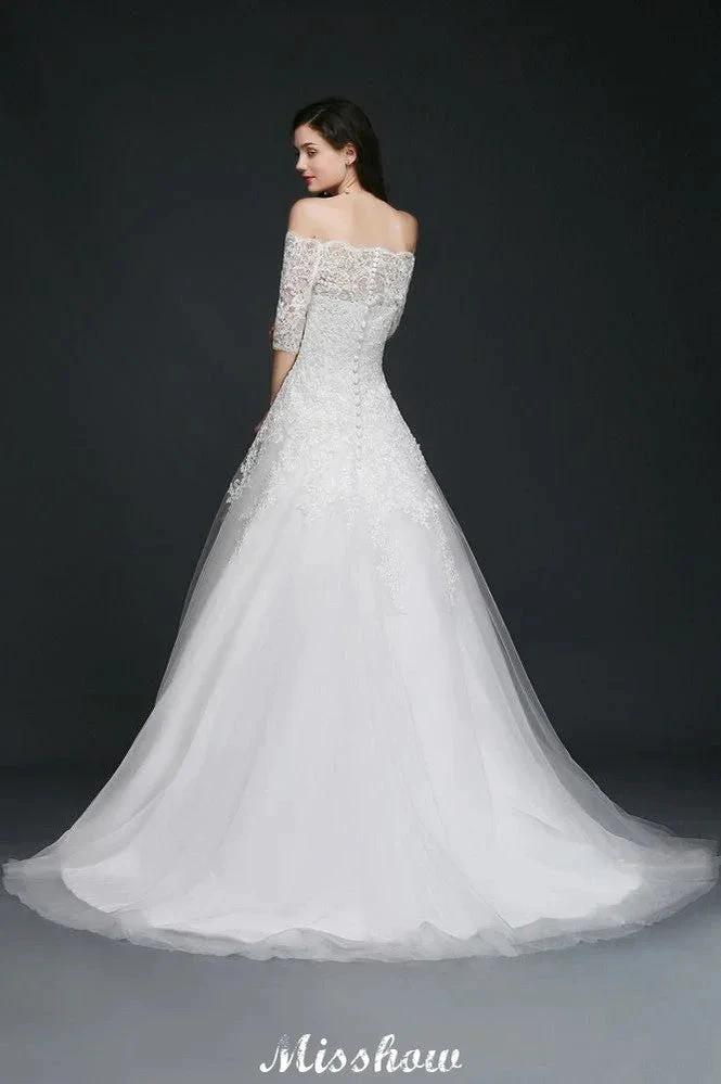 A-line Off-the-Shoulder Court Train Tulle Wedding Dresses with Buttons