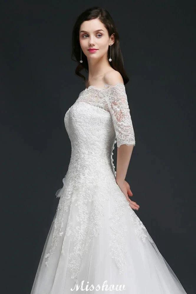 A-line Off-the-Shoulder Court Train Tulle Wedding Dresses with Buttons