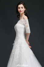 A-line Off-the-Shoulder Court Train Tulle Wedding Dresses with Buttons