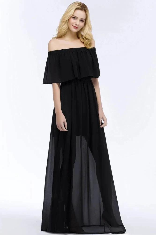 A-line Off-the-shoulder Floor Length Black Chiffon Bridesmaid Dresses
