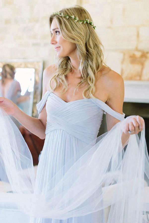 A-Line Off-the-Shoulder Floor-Length Light Blue Chiffon Bridesmaid Dress BD065